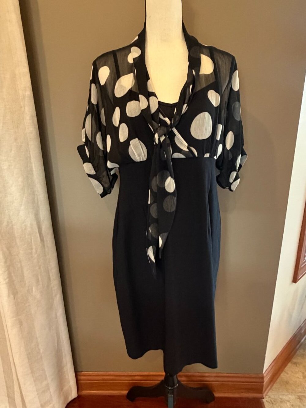 Retro Vintage Inspired Polka Dot Sheer Bodice Midi Tie at Neck, Size 12